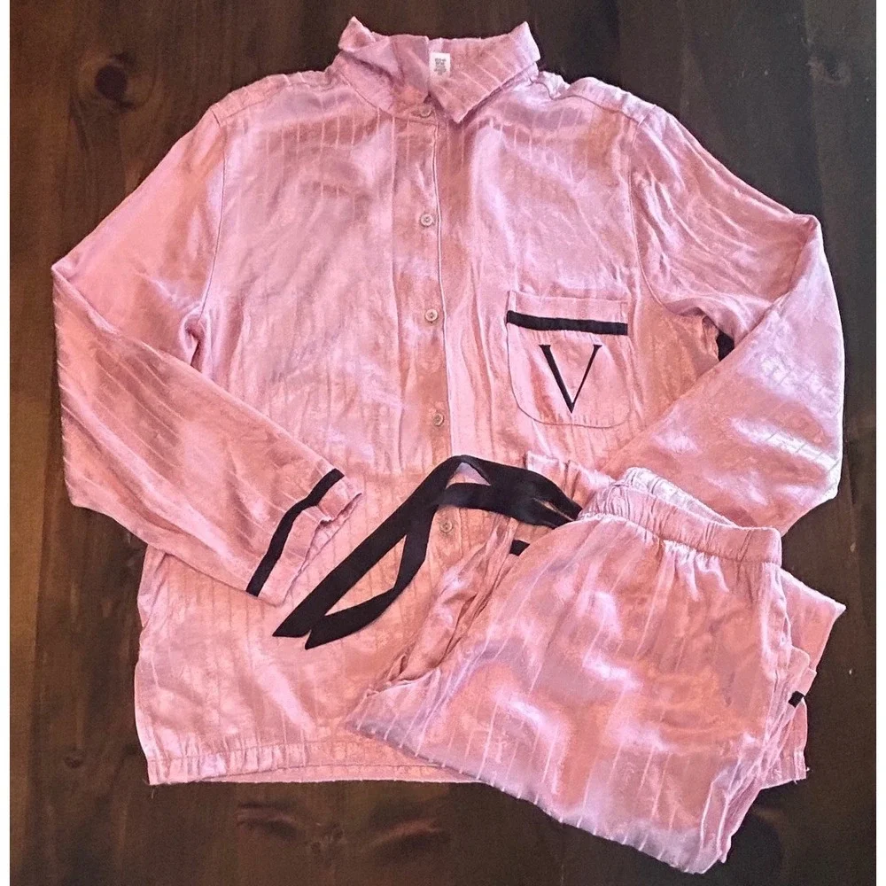 Victoria's Secret Pajama Matching Set Lg Pink Satin Striped Button Up Barbiecore